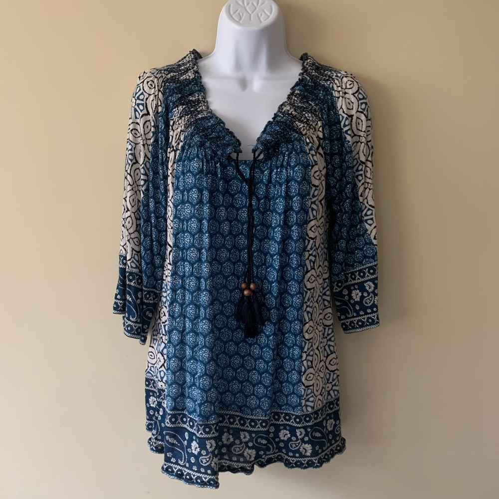 Lucky brand shirt boho chic blue white XLARGE